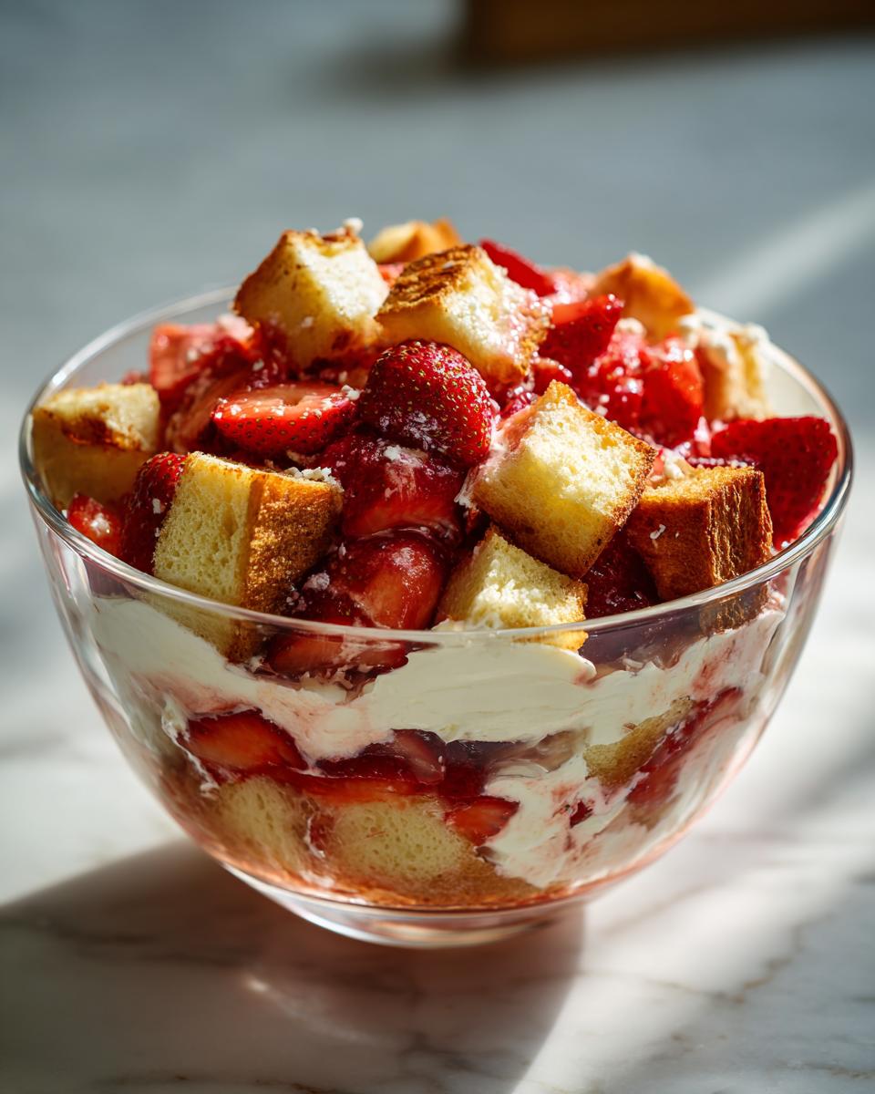 Close-up of a layered Strawberry Shortcake Trifle in a glass bowl, featuring cake, strawberries, and whipped cream.