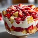 A close-up of a delicious Strawberry Shortcake Trifle layered with fresh strawberries, whipped cream, and cake in a glass bowl.