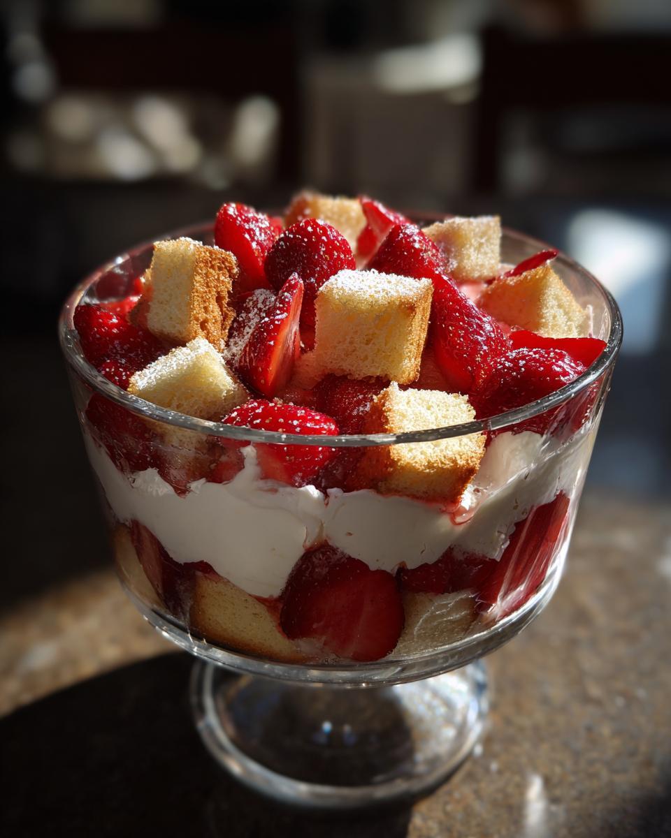 A close-up of a Strawberry Shortcake Trifle in a glass bowl, layered with fresh strawberries, whipped cream, and cake pieces.
