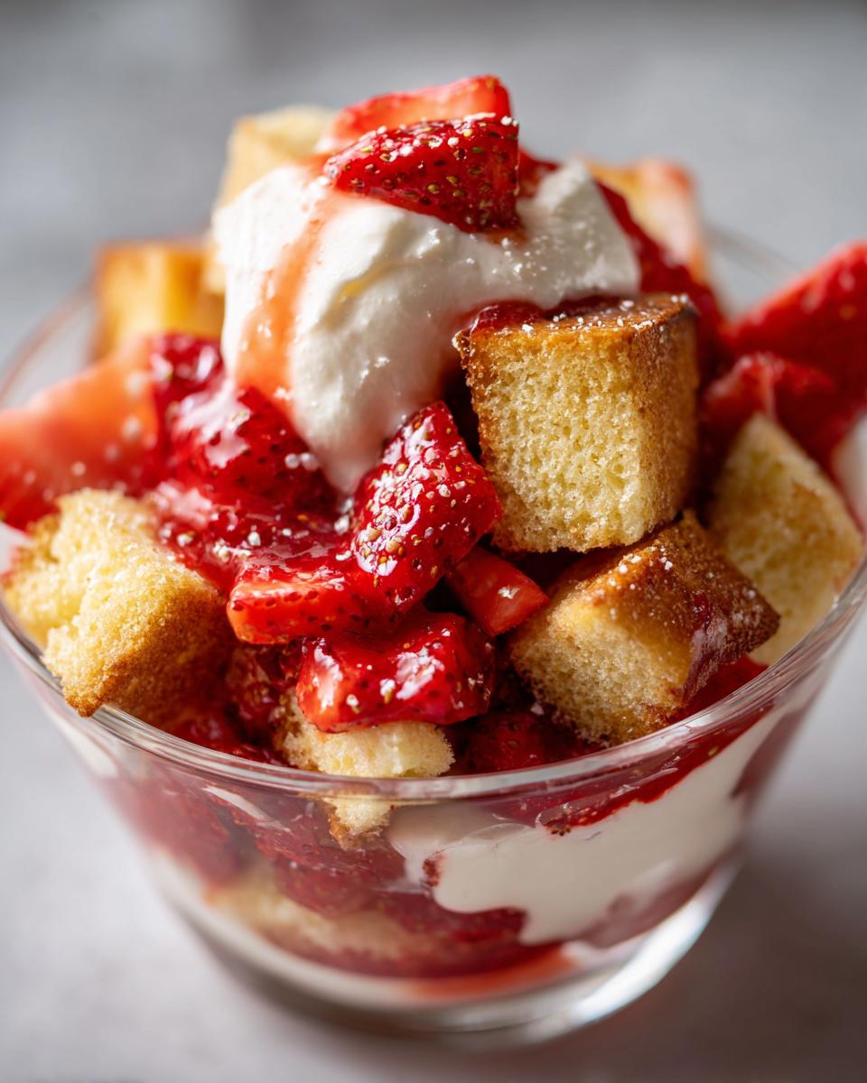 Close-up of a Strawberry Shortcake Trifle layered with cake, strawberries, and whipped cream in a glass.