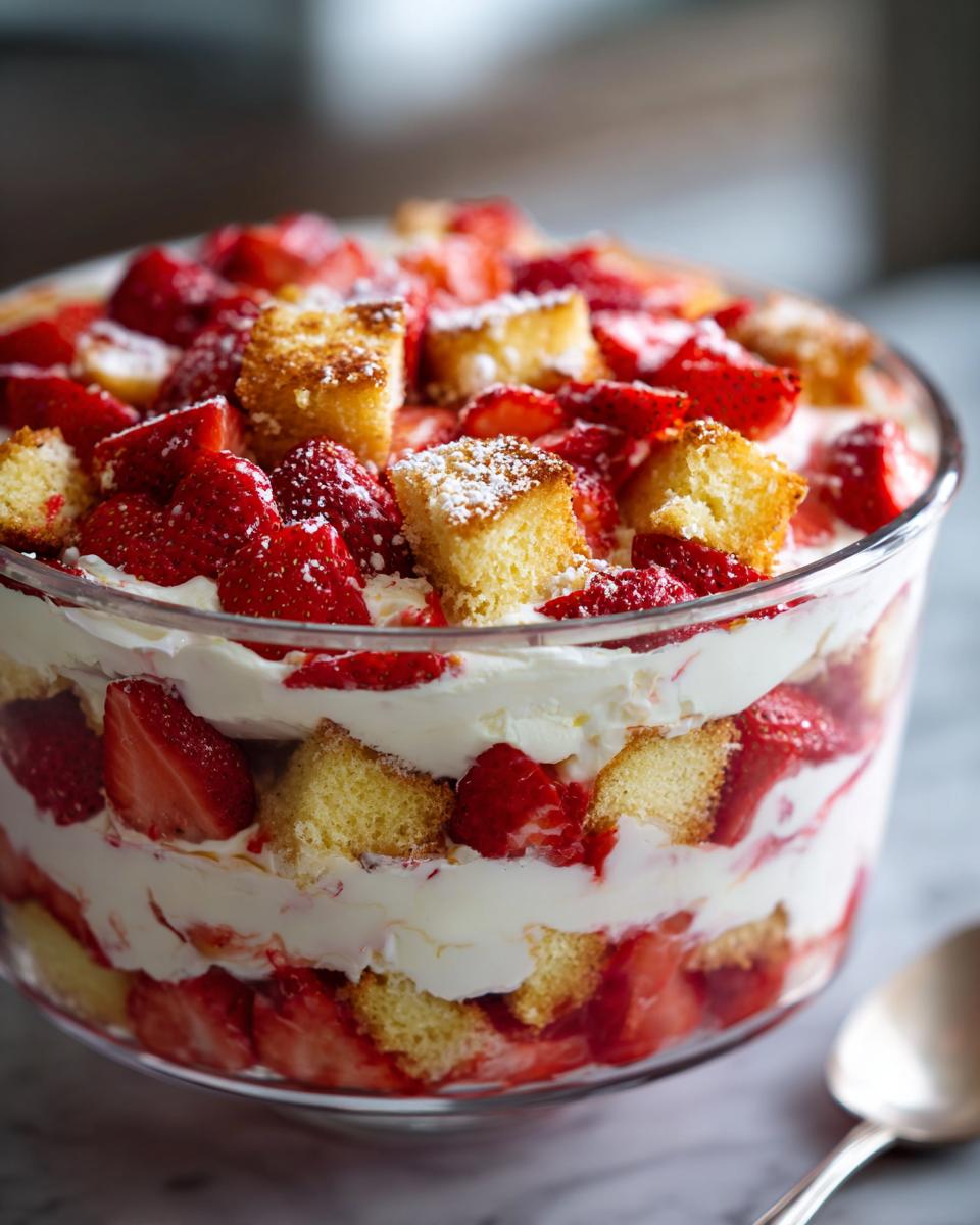 Close-up of a layered Strawberry Shortcake Trifle in a glass bowl, showing cake, cream, and fresh strawberries.
