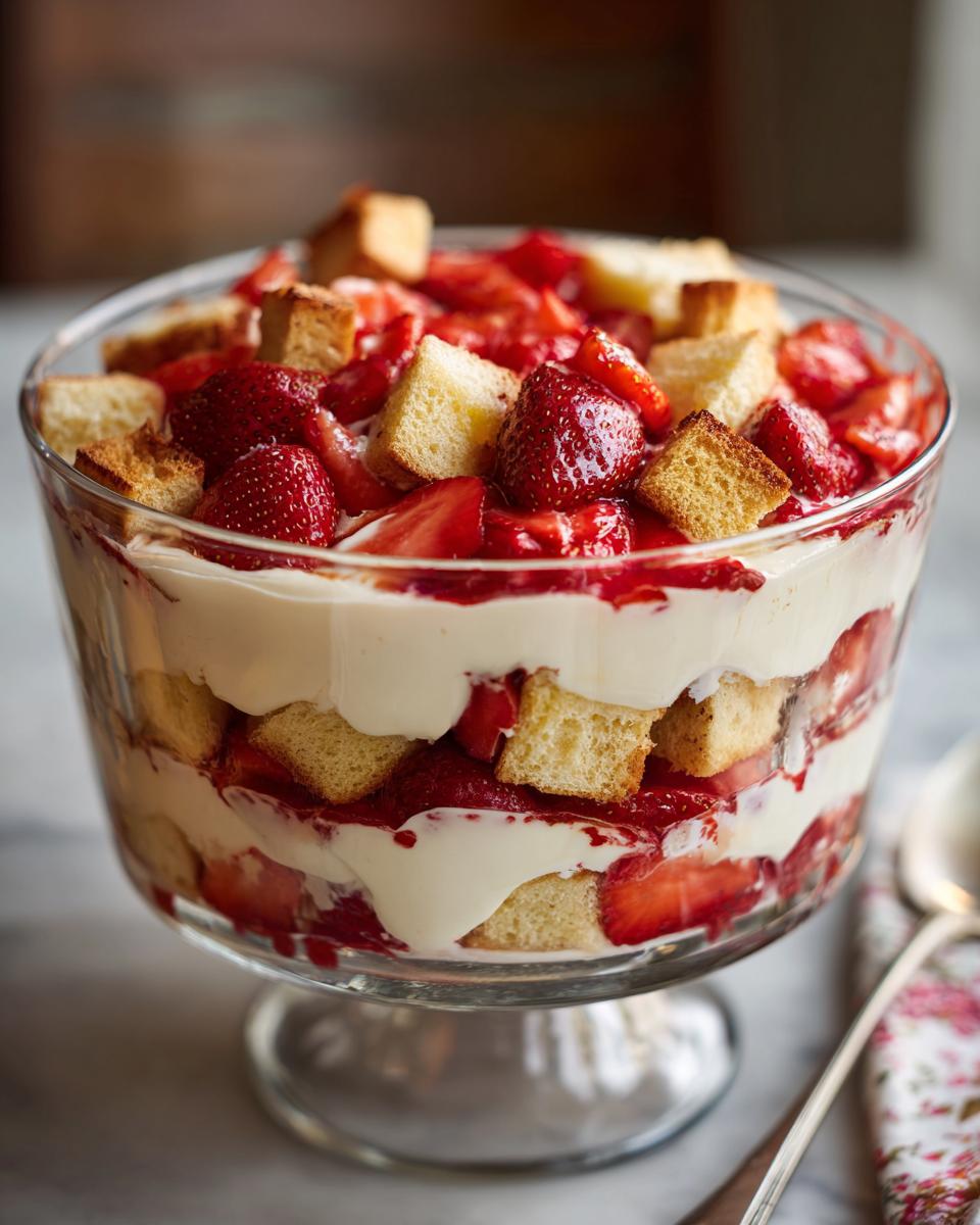 A beautiful Strawberry Shortcake Trifle layered with cake, strawberries, and cream in a glass bowl.