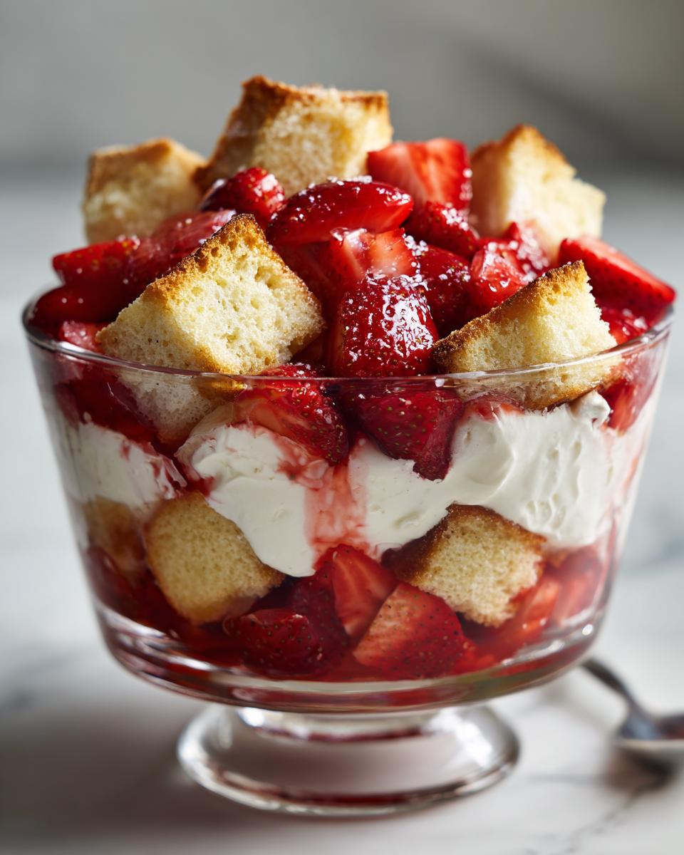 A close-up of a Strawberry Shortcake Trifle in a glass bowl, layered with cake, whipped cream, and fresh strawberries.