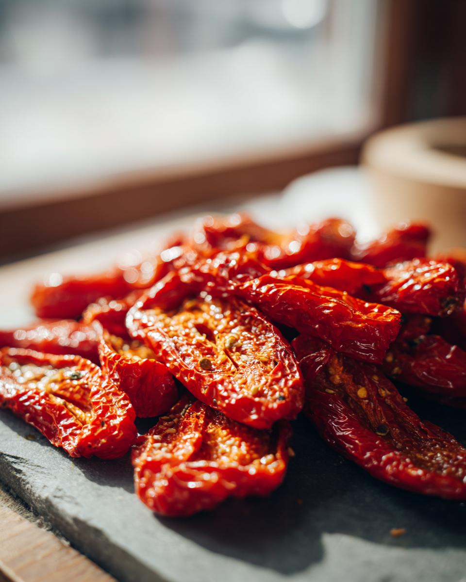 Close-up of a pile of vibrant sun-dried tomatoes, a key ingredient for Roasted Red Pepper Hummus.