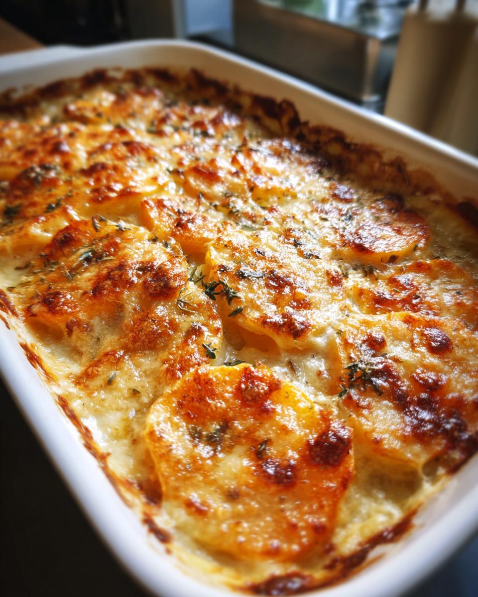 Close-up of a baked Sweet Potato Gratin with Gruyère, showing golden-brown cheese and herbs.