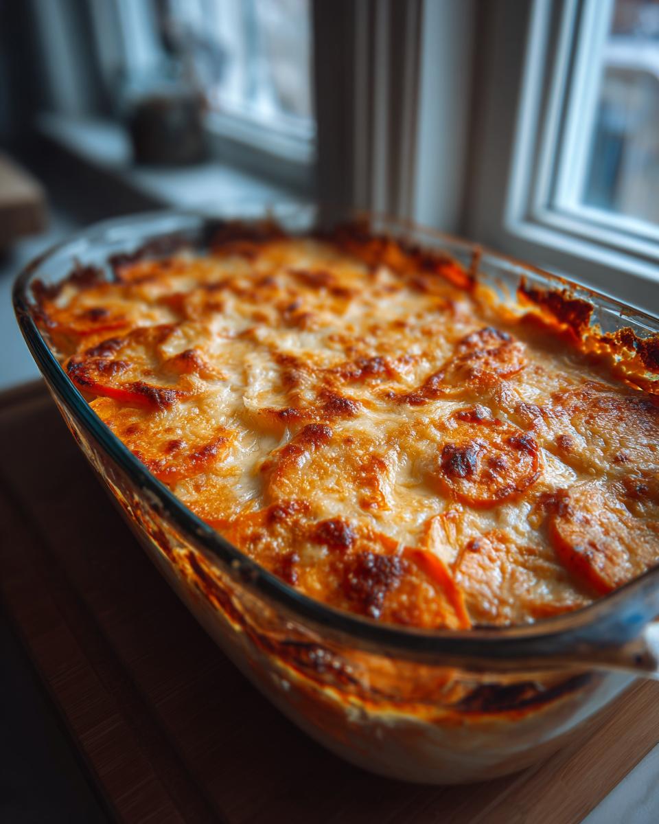 A golden-brown baked Sweet Potato Gratin with Gruyère in a glass dish, with melted cheese bubbling.