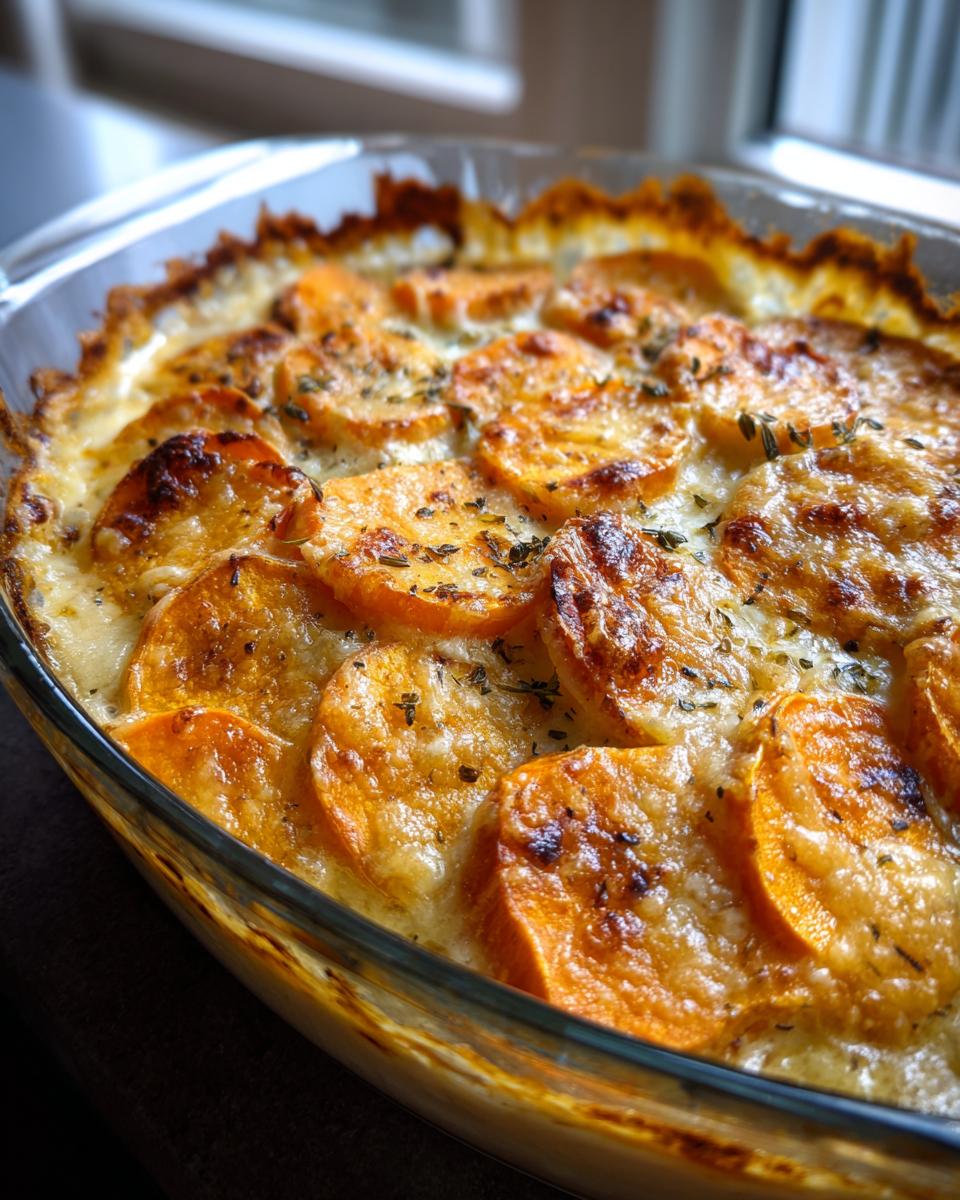 Close-up of a bubbling Sweet Potato Gratin with Gruyère, featuring golden-brown sweet potato slices and melted cheese.