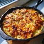 Close-up of a bubbly Sweet Potato Gratin with Gruyère in a cast iron skillet, topped with browned cheese and herbs.