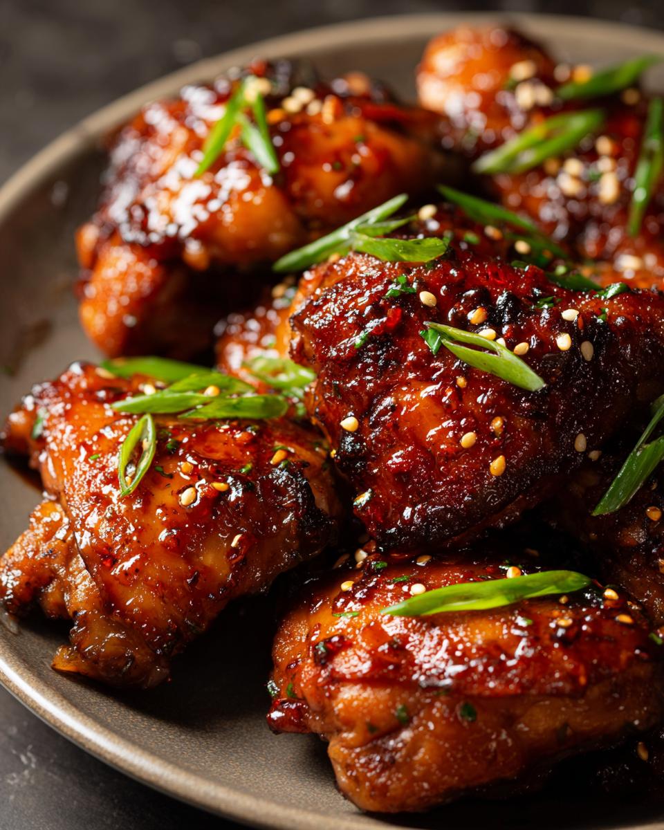 Close-up of juicy Teriyaki Glazed Chicken Thighs, glistening with sauce and topped with sesame seeds and green onions.