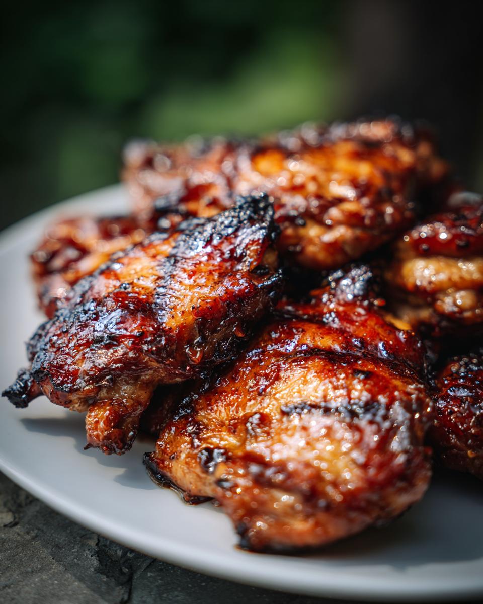Close-up of a plate of delicious Teriyaki Glazed Chicken Thighs, glistening with sauce and grill marks.