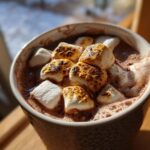 Close-up of a mug filled with Toasted Marshmallow Hot Chocolate, topped with perfectly toasted marshmallows.