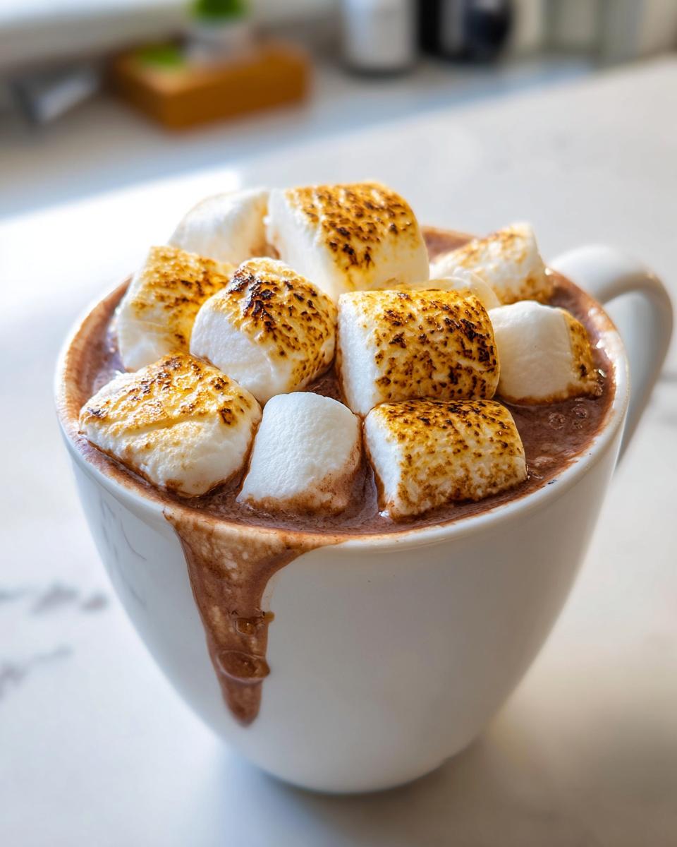 Close-up of a white mug filled with rich hot chocolate topped with perfectly toasted marshmallows.