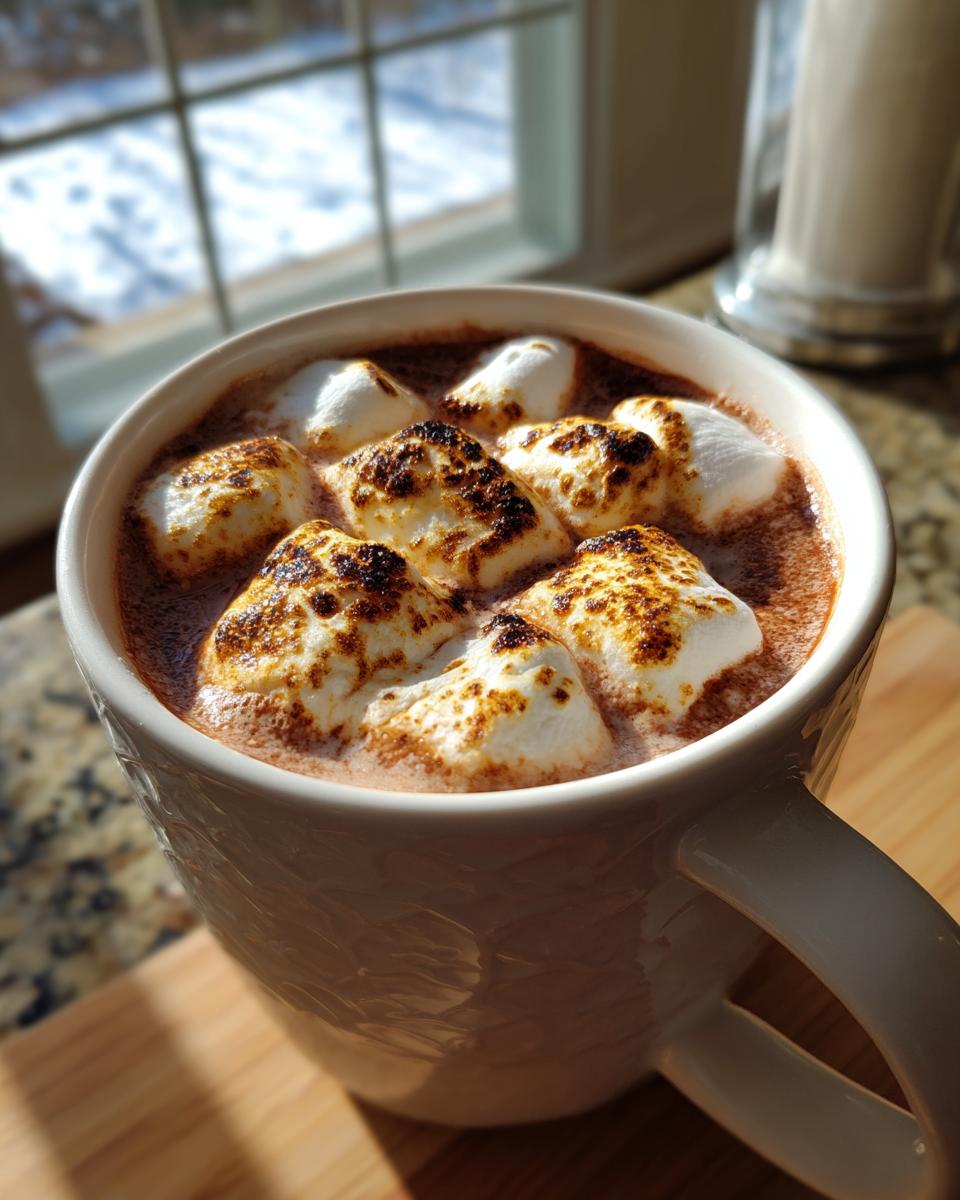 Close-up of a white mug filled with Toasted Marshmallow Hot Chocolate, topped with perfectly toasted marshmallows.