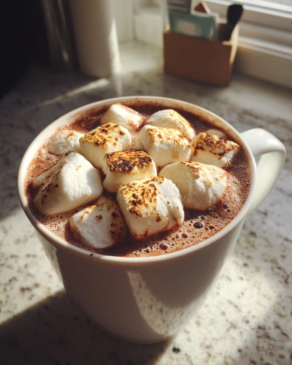 Close-up of a mug filled with Toasted Marshmallow Hot Chocolate, topped with perfectly toasted marshmallows.