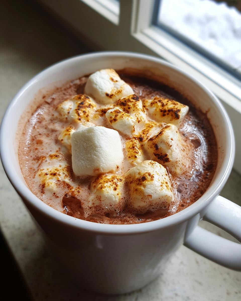 A close-up view of a mug filled with Toasted Marshmallow Hot Chocolate, topped with perfectly toasted marshmallows.