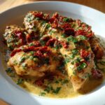 Close-up of tender Tuscan Chicken with Sun-Dried Tomatoes in a creamy sauce, garnished with fresh parsley.