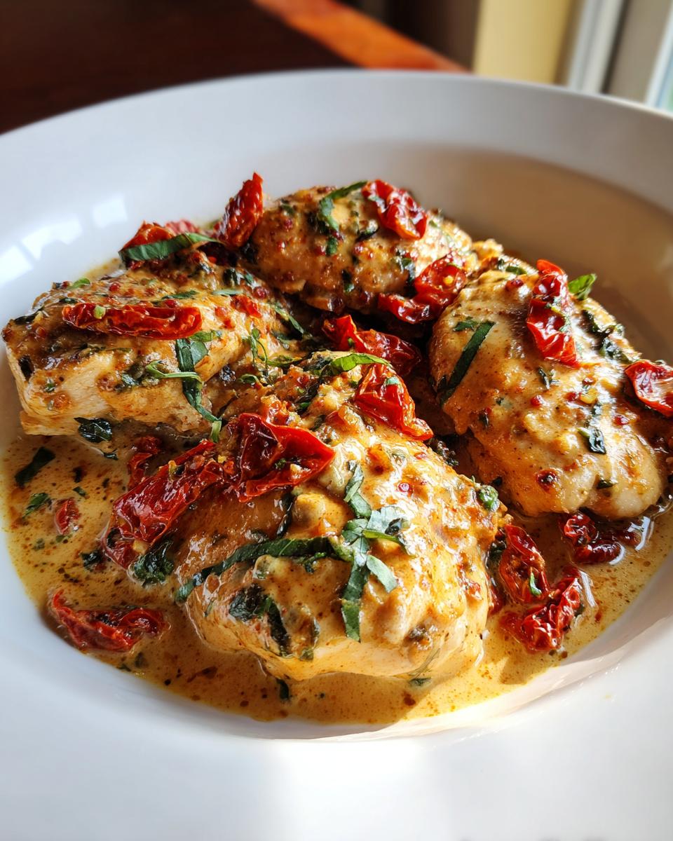Close-up of Tuscan Chicken with Sun-Dried Tomatoes in a creamy sauce, garnished with fresh basil.