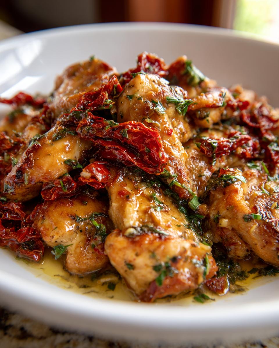 Close-up of tender Tuscan Chicken with Sun-Dried Tomatoes in a white bowl, glistening with sauce and herbs.