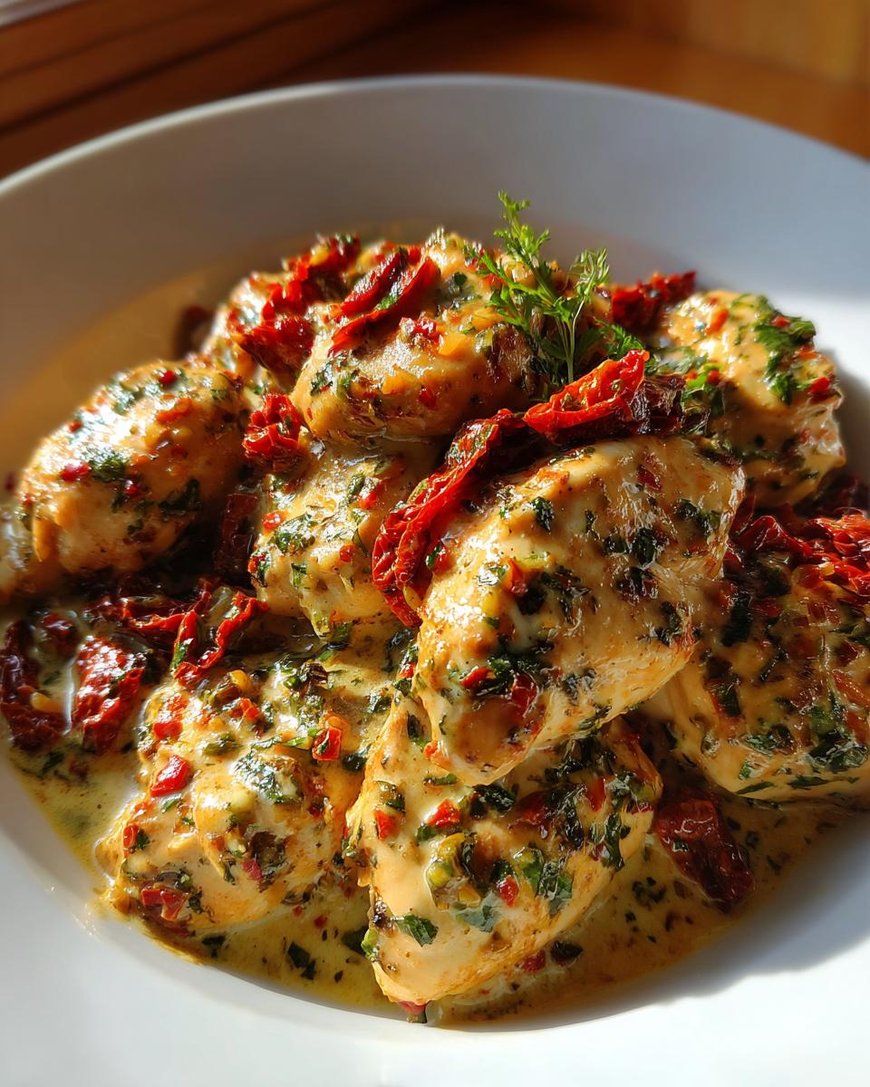 A close-up of tender Tuscan Chicken with Sun-Dried Tomatoes in a creamy sauce, garnished with fresh herbs.