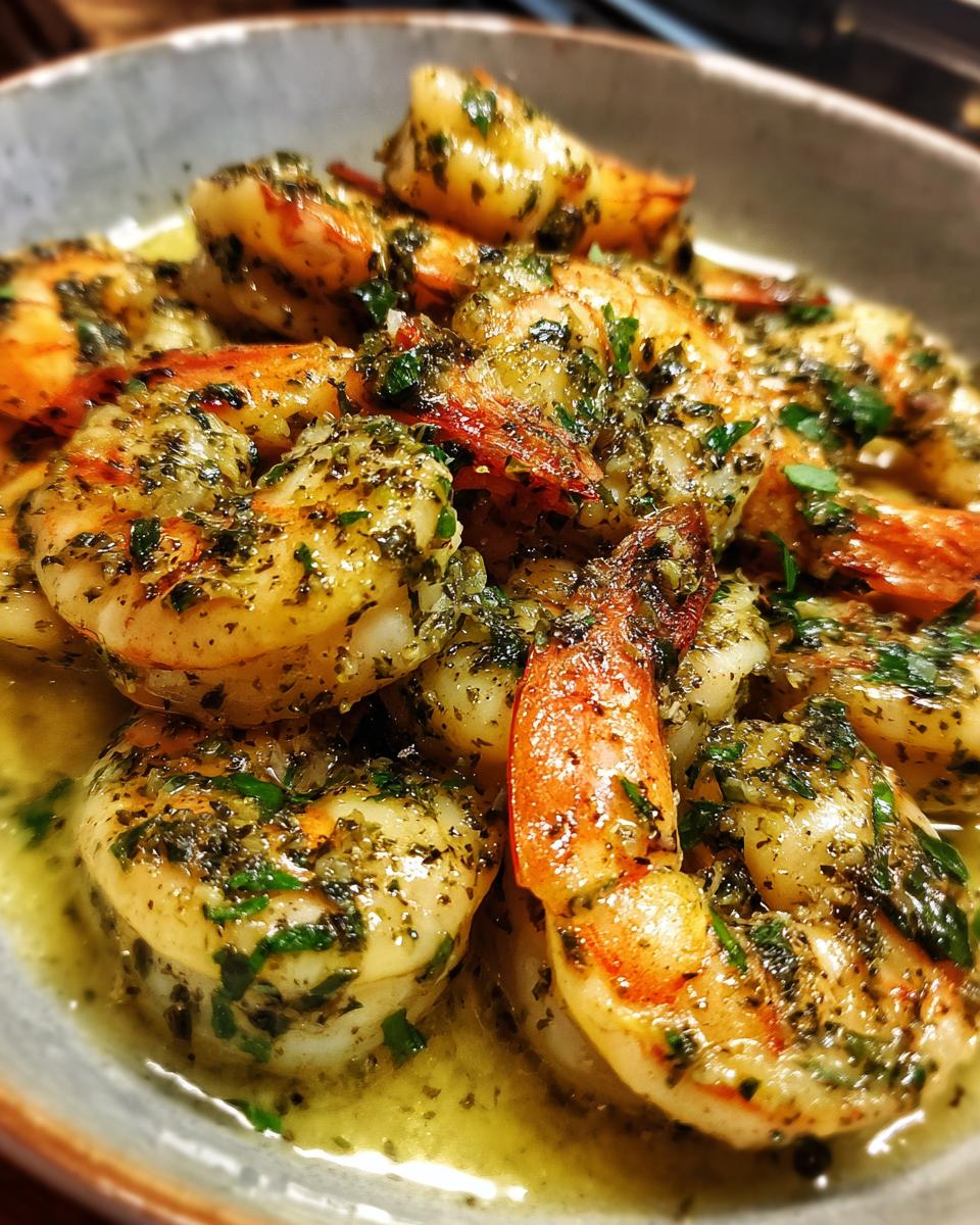 A close-up shot of succulent Tuscan Garlic Butter Shrimp in a bowl, glistening with garlic butter and herbs.