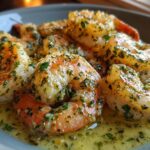 A close-up of succulent Tuscan Garlic Butter Shrimp coated in a rich garlic butter sauce and fresh herbs.