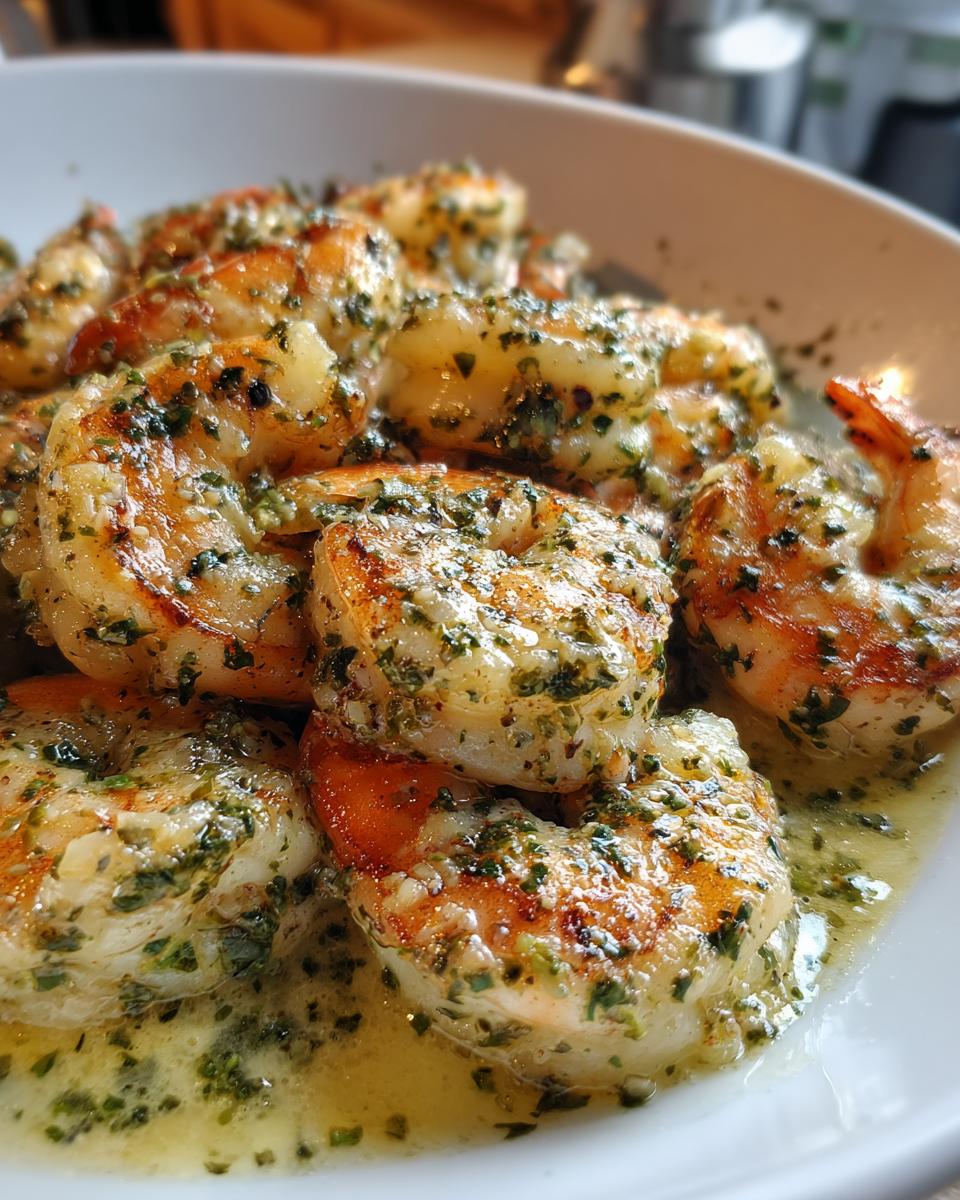 A close-up of succulent Tuscan Garlic Butter Shrimp, glistening in a rich garlic butter sauce with fresh herbs.