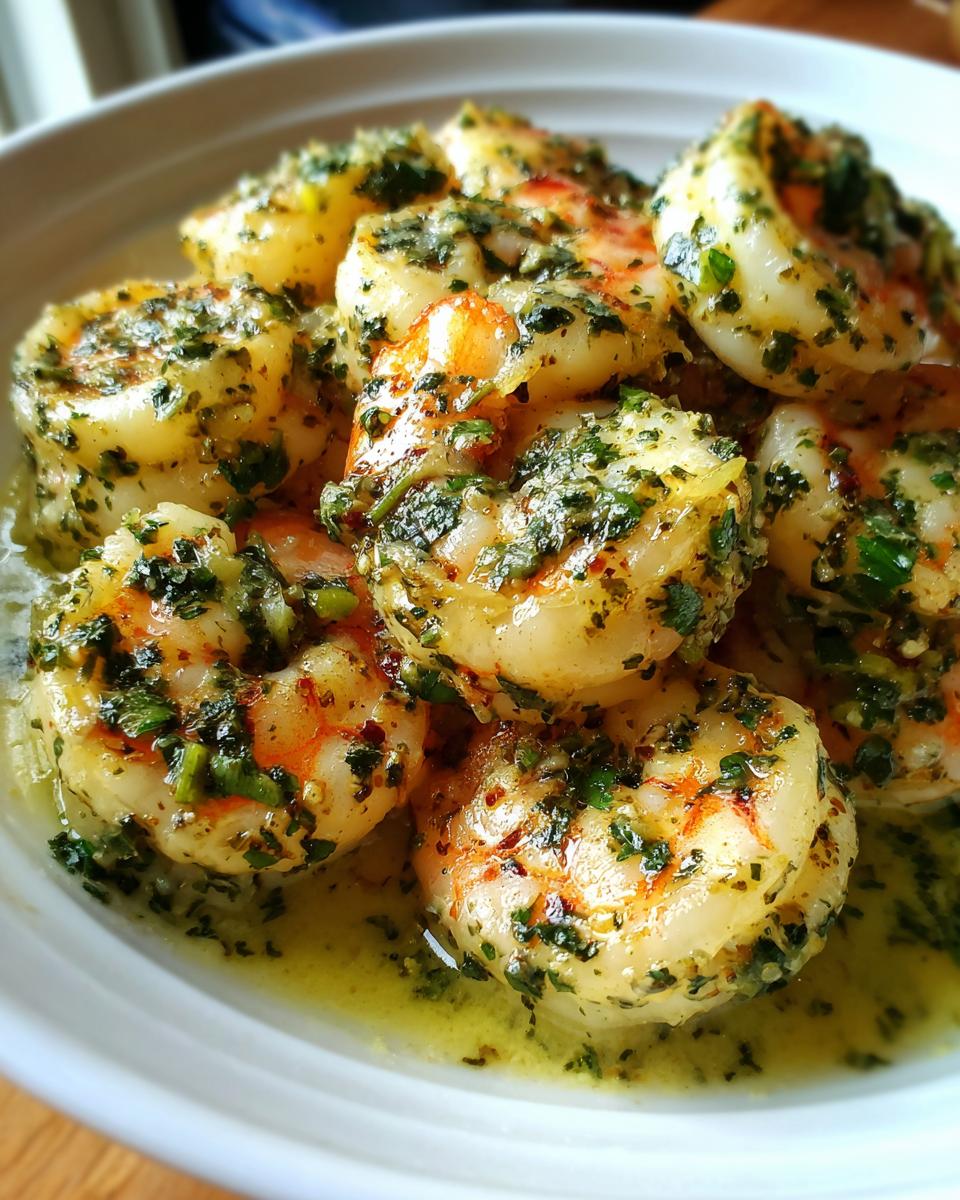 Close-up of succulent Tuscan Garlic Butter Shrimp coated in a rich garlic butter sauce and fresh herbs.