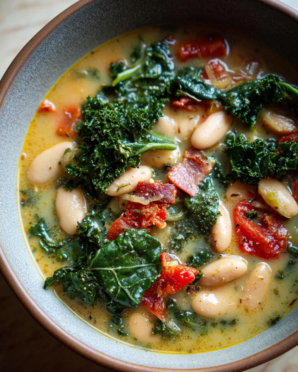 Close-up of a bowl of Tuscan White Bean Soup, featuring creamy white beans, wilted kale, sun-dried tomatoes, and crispy bacon.