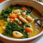 A close-up of a bowl of Tuscan White Bean Soup, featuring white beans, kale, carrots, and herbs in a flavorful broth.