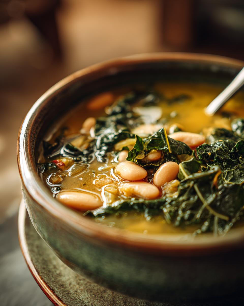 A close-up of a rustic bowl filled with Tuscan White Bean Soup, featuring tender white beans and vibrant kale in a savory broth.
