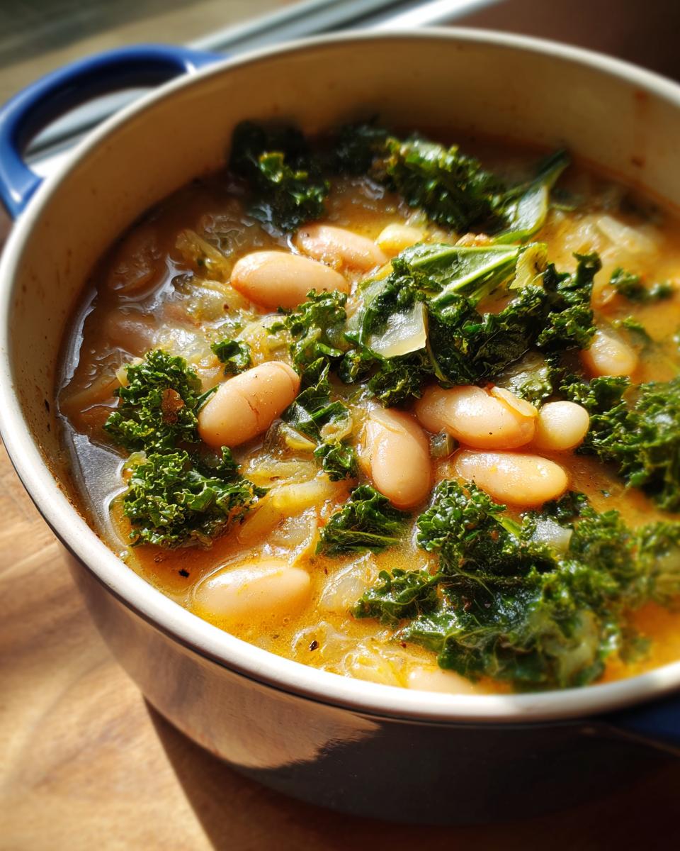 Close-up of a bowl of Tuscan White Bean Soup filled with creamy white beans and vibrant kale.