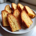 Close-up of golden-brown slices of Vanilla Almond Biscotti arranged on a white plate.
