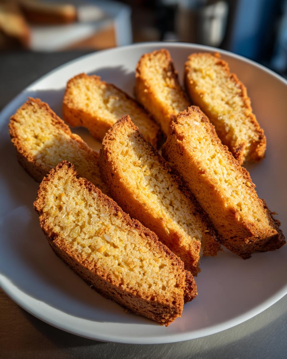 A plate of golden-brown Vanilla Almond Biscotti slices, showcasing their crunchy texture and hints of almond.