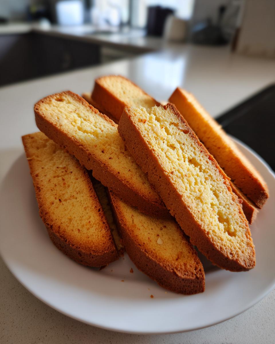 Close-up of golden brown Vanilla Almond Biscotti slices arranged on a white plate, showing their crunchy texture.