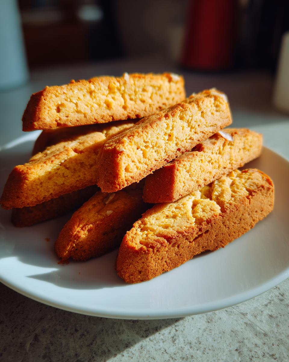 A stack of golden-brown Vanilla Almond Biscotti on a white plate, with visible almond slivers.