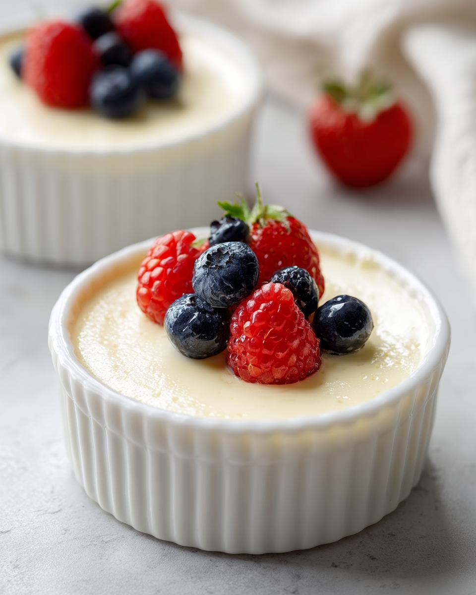 Close-up of a creamy Vanilla Bean Panna Cotta topped with fresh raspberries and blueberries.