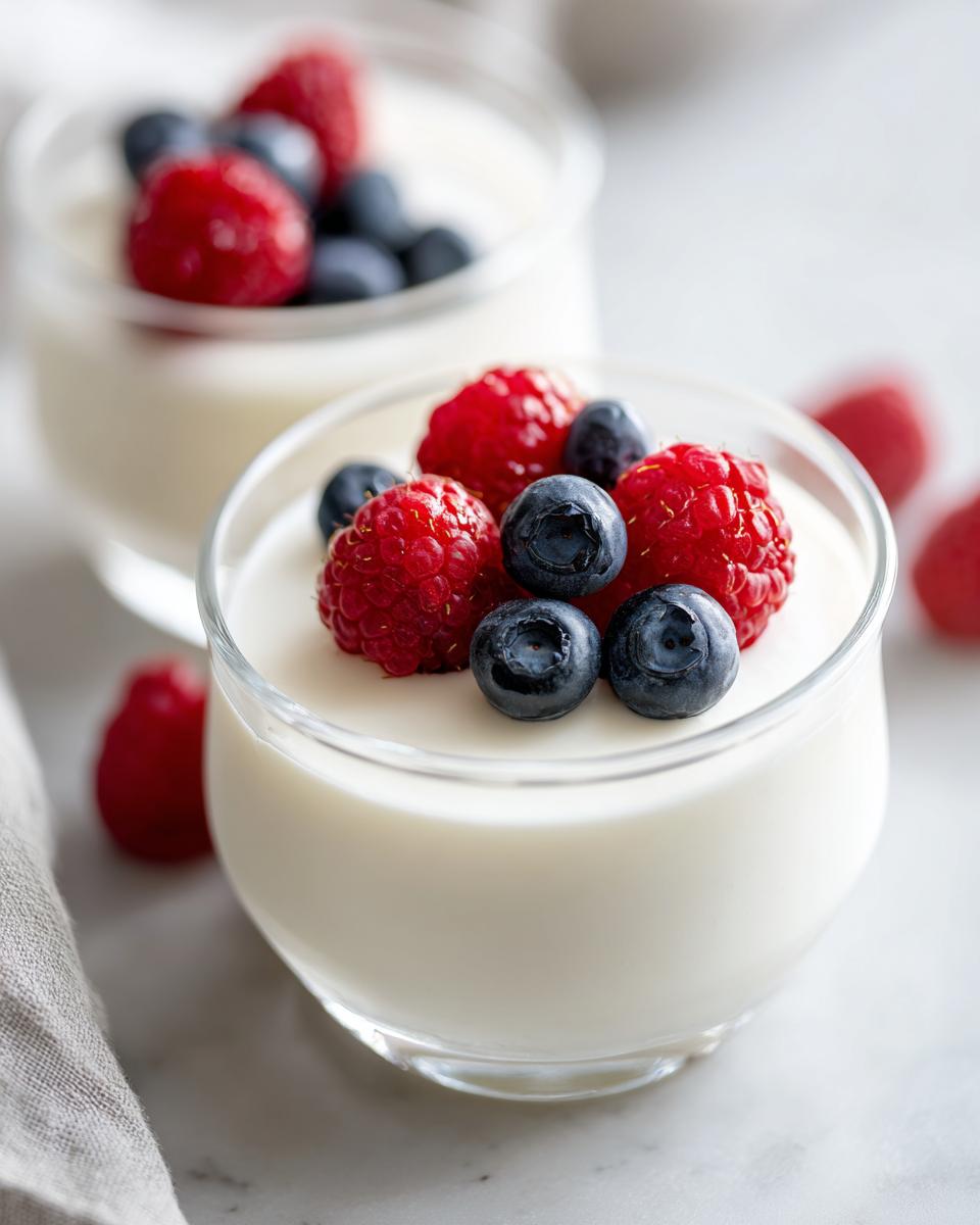 Two glasses of creamy Vanilla Bean Panna Cotta topped with fresh raspberries and blueberries.