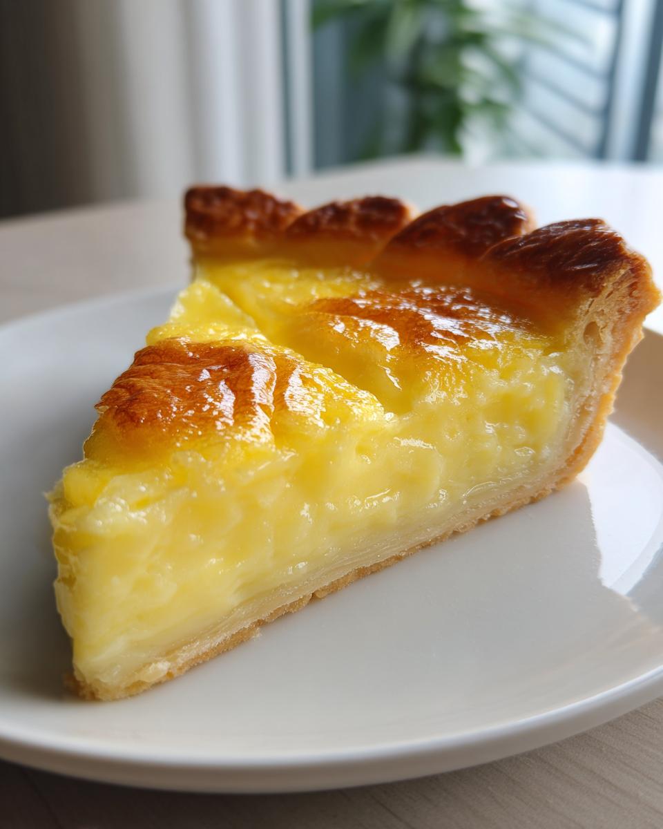 A close-up of a slice of Perfect Vanilla Custard Tart, showcasing its creamy filling and golden crust.