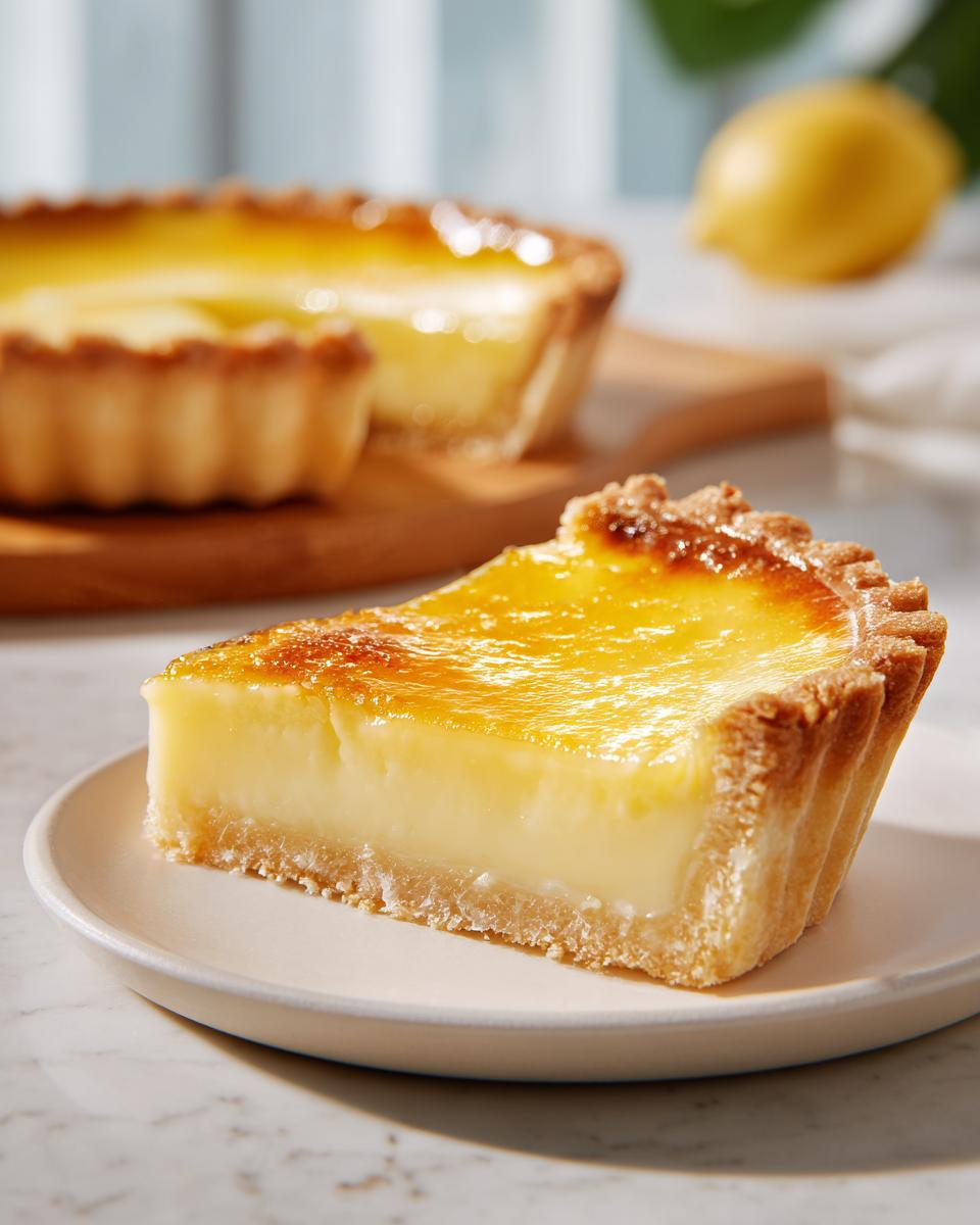 A close-up of a slice of Vanilla Custard Tart on a plate, showing the creamy filling and golden crust.