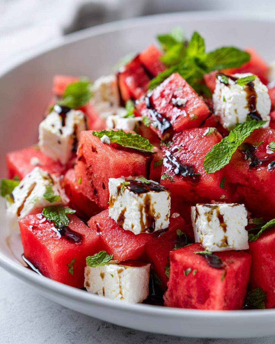Close-up of a vibrant Watermelon Feta Salad with Mint, drizzled with balsamic glaze.