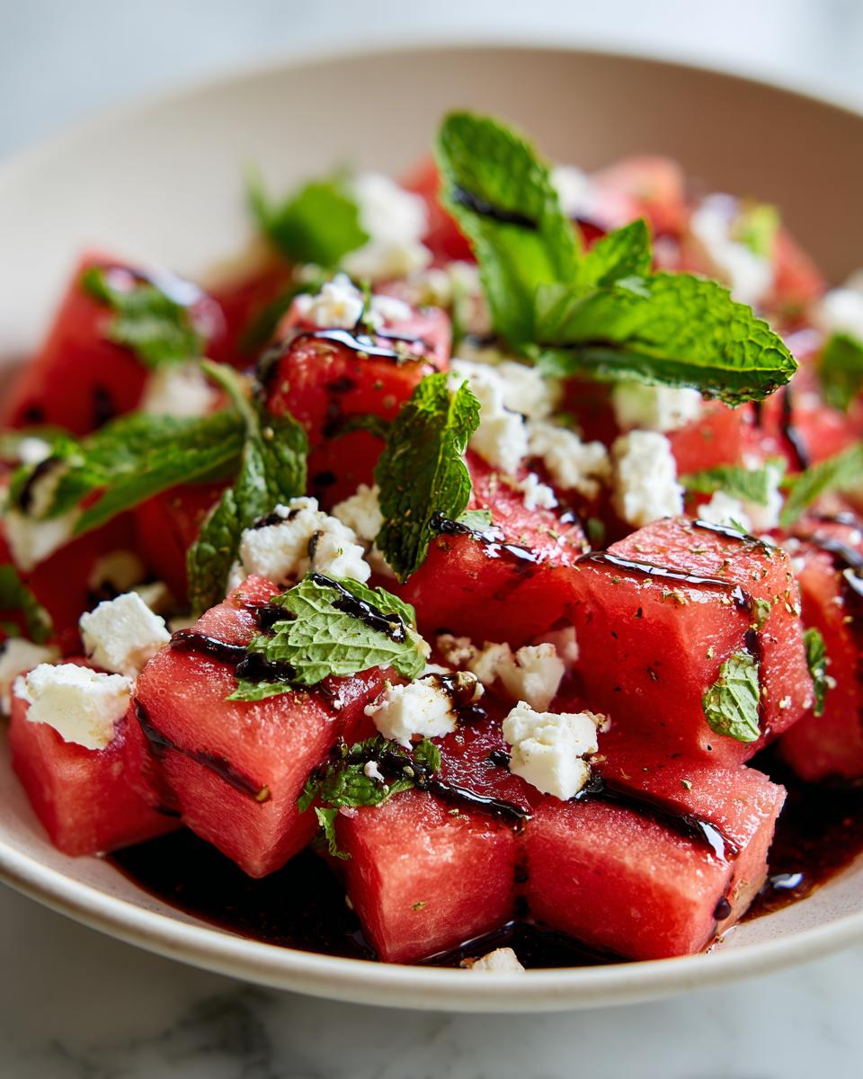 A close-up of a Watermelon Feta Salad with Mint, featuring cubed watermelon, crumbled feta cheese, fresh mint leaves, and a balsamic glaze.