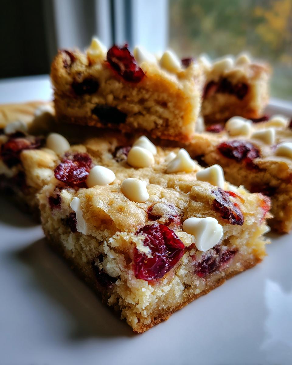 A close-up of delicious White Chocolate Cranberry Blondies, showcasing white chocolate chips and dried cranberries.