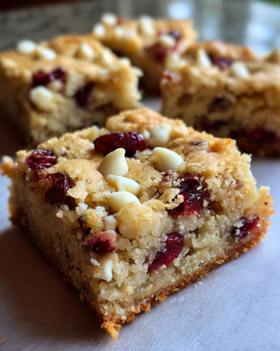 Close-up of a delicious White Chocolate Cranberry Blondie, showing white chocolate chips and dried cranberries.