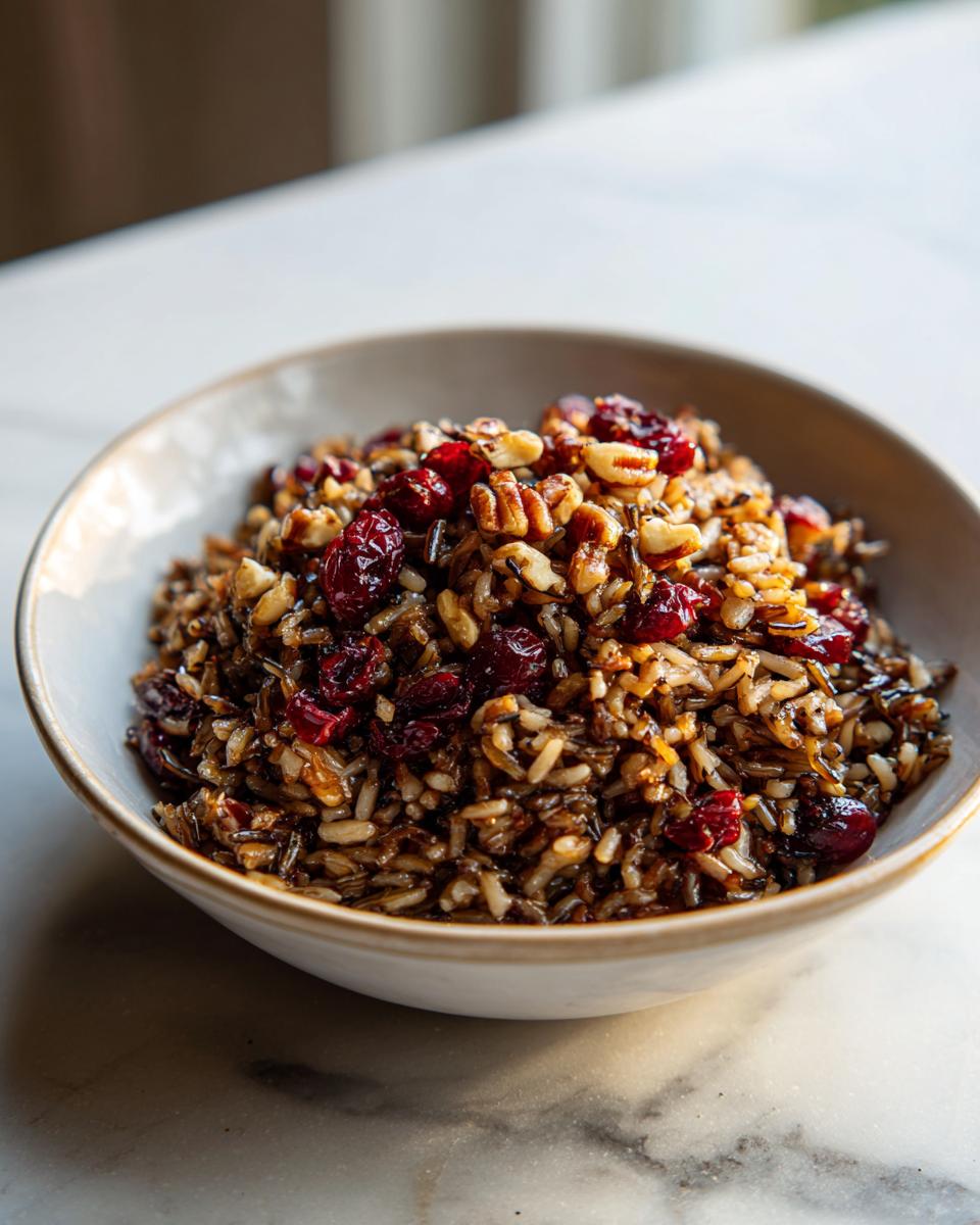A close-up shot of a bowl filled with Wild Rice Pilaf with Cranberries and chopped nuts.