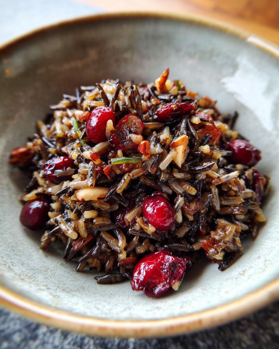 Close-up of a bowl of Wild Rice Pilaf with Cranberries, showing texture and vibrant red cranberries.