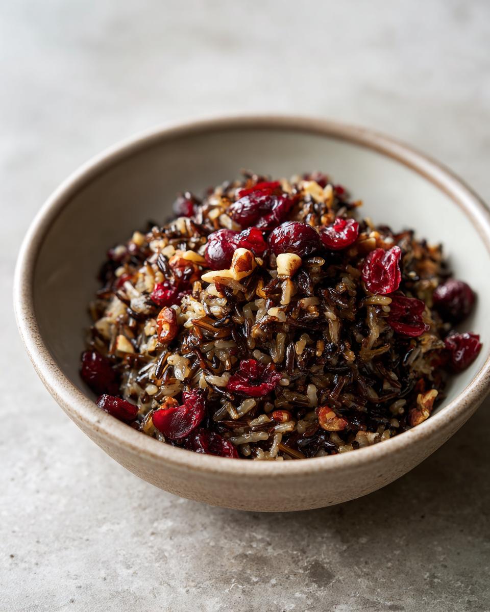 Close-up of a bowl filled with Wild Rice Pilaf with Cranberries and nuts, showcasing the texture and color.