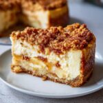 A slice of Apple Crisp Cheesecake on a white plate, showcasing layers of creamy cheesecake, apple filling, and a crumb topping.