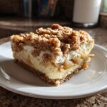 A slice of Apple Crisp Cheesecake on a white plate, showcasing layers of creamy cheesecake, spiced apples, and a crumbly topping.