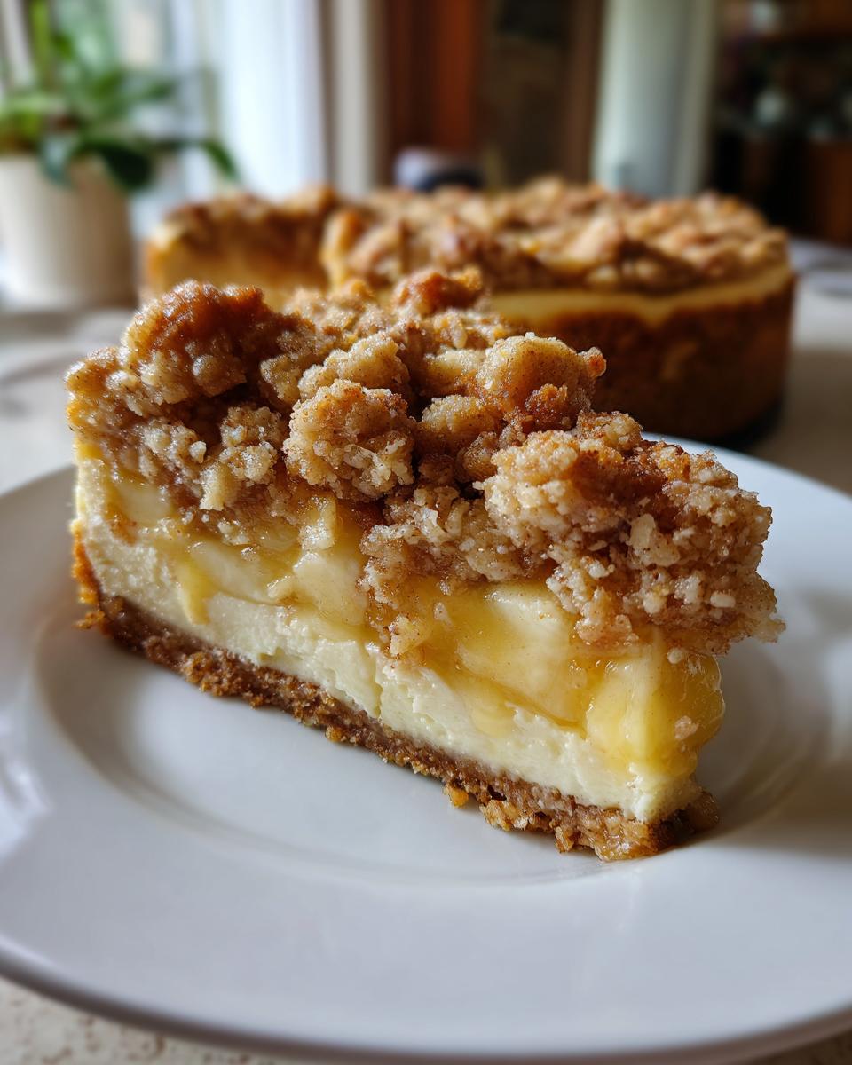 A slice of Apple Crisp Cheesecake on a white plate, showcasing layers of creamy cheesecake, tender apples, and a crumbly topping.