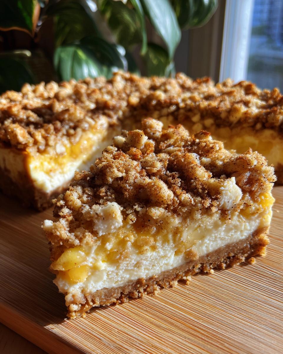 A slice of Apple Crisp Cheesecake on a wooden board, showing the creamy cheesecake filling and crumb topping.
